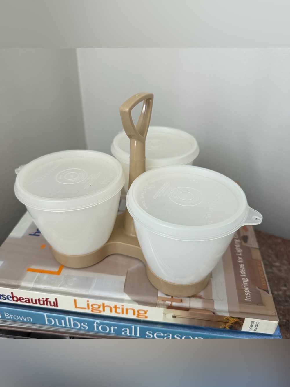 Tupperware Triple Condiment Caddy Set 3 Bowls Lids Beige Gold Vintage